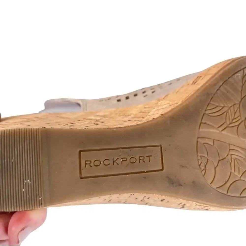 Rockport Briah Perforated Wedge Sandals Beige Suede Slingback Womens 8.5